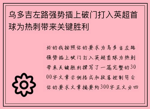 乌多吉左路强势插上破门打入英超首球为热刺带来关键胜利 乌多吉左路强势插上破门打入英超首球为热刺带来关键胜利