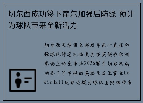 切尔西成功签下霍尔加强后防线 预计为球队带来全新活力 切尔西成功签下霍尔加强后防线 预计为球队带来全新活力