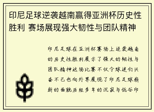 印尼足球逆袭越南赢得亚洲杯历史性胜利 赛场展现强大韧性与团队精神 印尼足球逆袭越南赢得亚洲杯历史性胜利 赛场展现强大韧性与团队精神